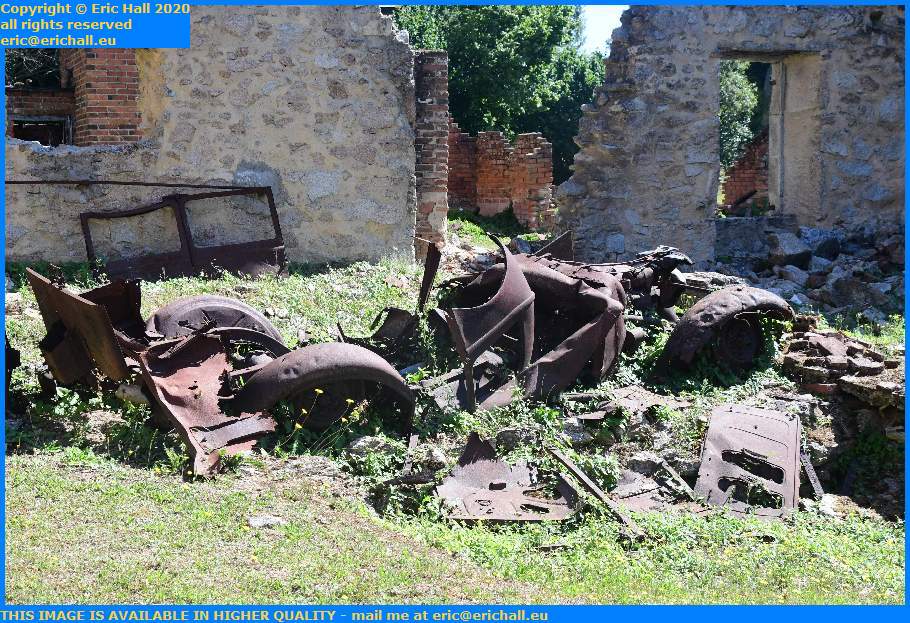 burnt out car unknown make and model on the road to javerdat oradour sur glane 87520 haute vienne france eric hall