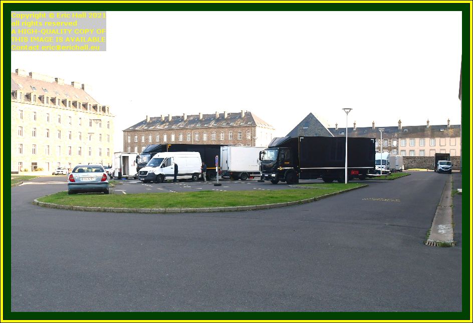 film crew vehicles place d'armes Granville Manche Normandy France photo Eric Hall October 2021