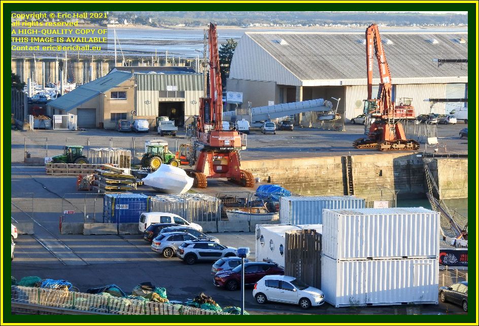 tractors and freight on quayside port de Granville harbour Manche Normandy France photo Eric Hall november 2021